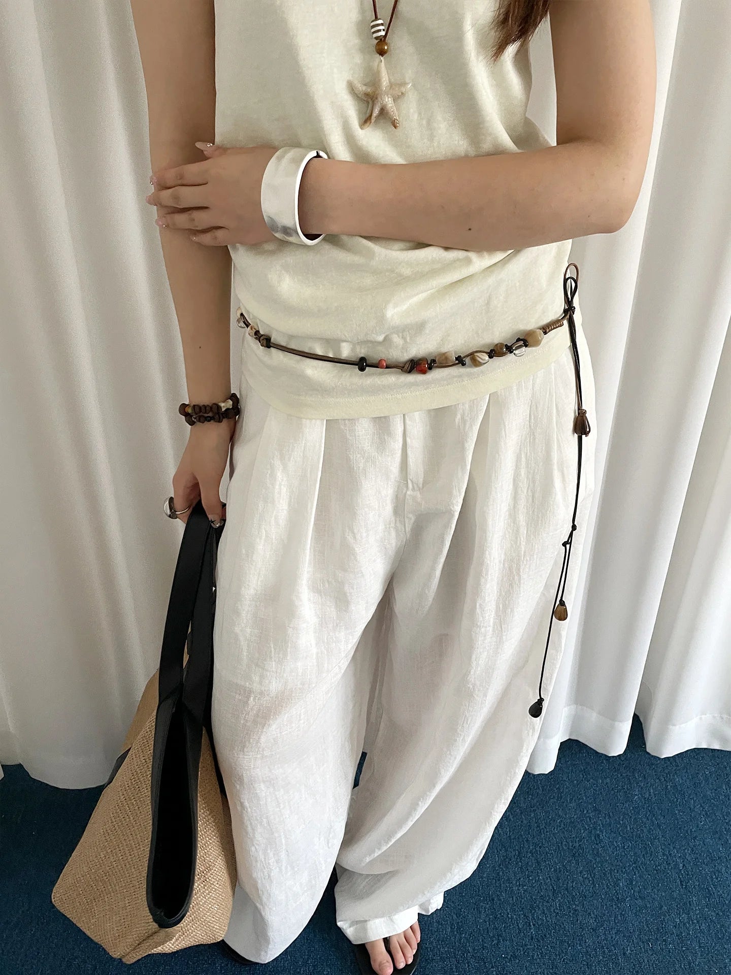 Wooden Bead Artisanal Hand-Woven Belt Versatile For Dresses Jeans And Women's Slenderizing Waist Rope