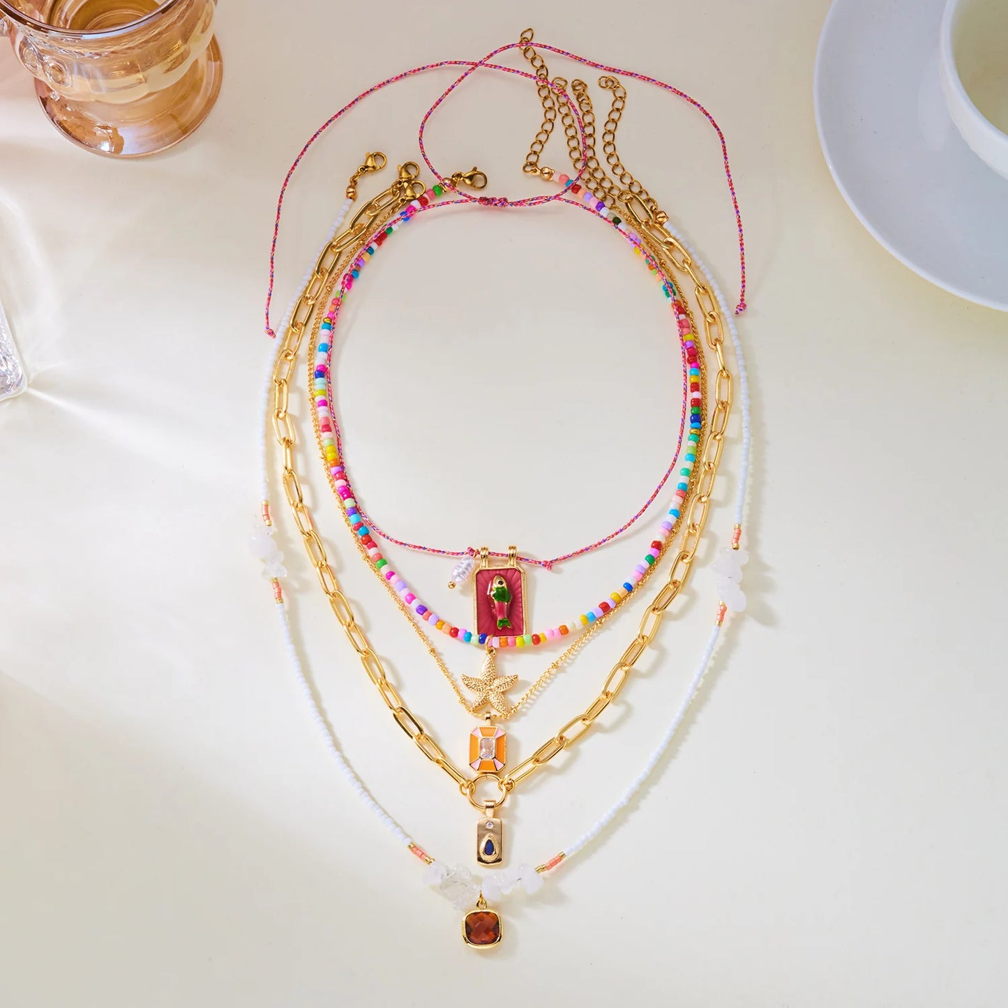 Vacation Mix Match 5Pcs Layered Necklace Set For Women Starfish Enamel Fish Beaded Adjustable Beachwear Jewelry