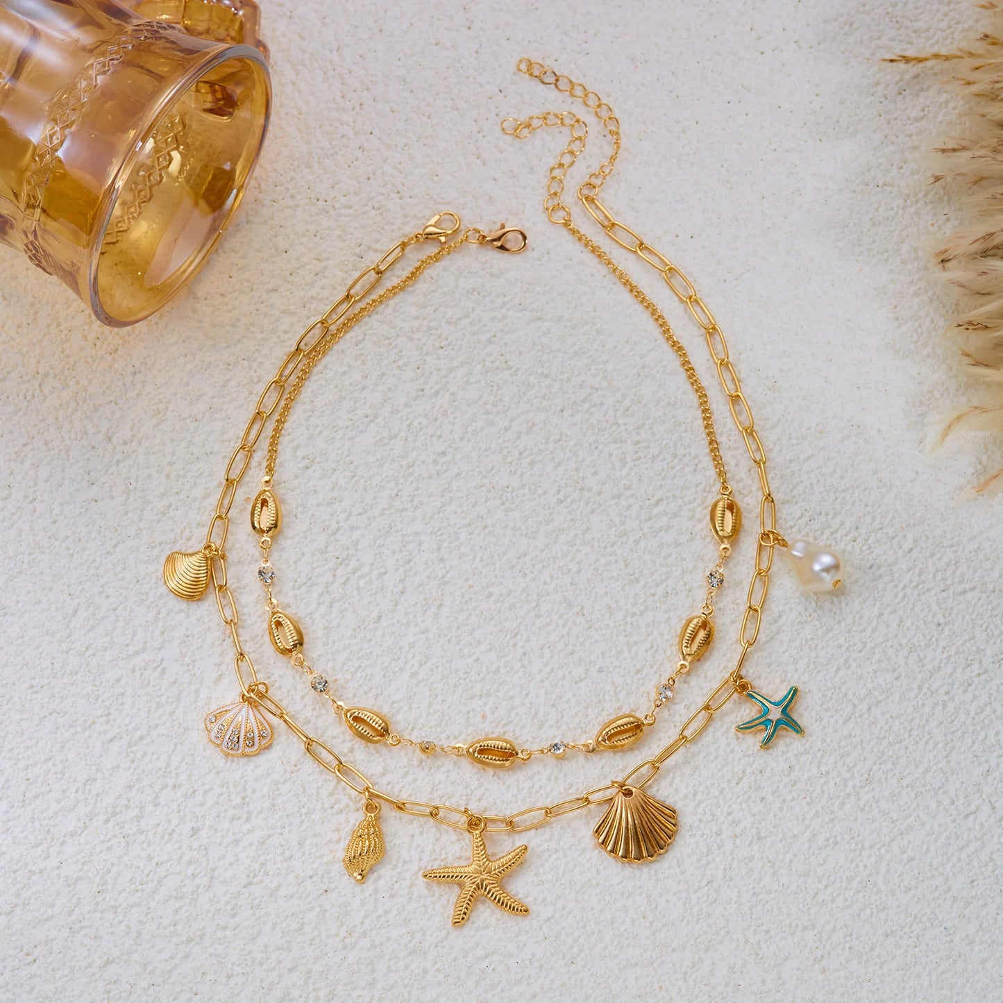 Boho Summer Beach Layered Necklace Set for Women Gold Color Shell Starfish Rhinestone Faux Pearl Vacation Jewelry