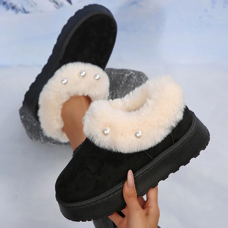 Fluffy Fur Platform Snow Boots Women Fashion Pearls Decor Non Slip Winter Ankle Boots Woman Thicken Plush Warm Cotton Shoes 43
