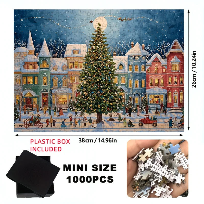 1000pcs Christmas Puzzle - Winter Street Scene with Giant Christmas Tree,15x10 Inch Family Activity Adult Hobbyists