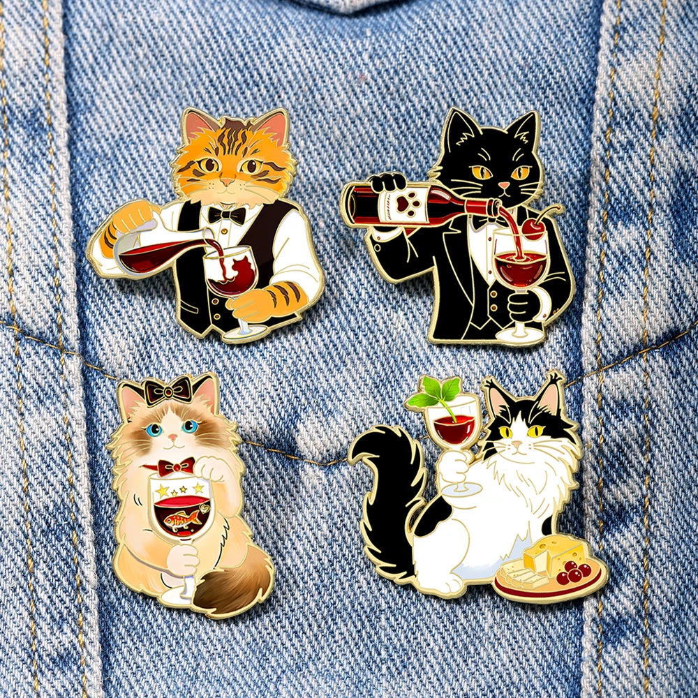 Funny Gentleman Cat Enamel Pins Wine & Cheese Themed Cute Animal Brooches Cute Waiter Kitty Lapel Badges Backpack Jewelry Gifts