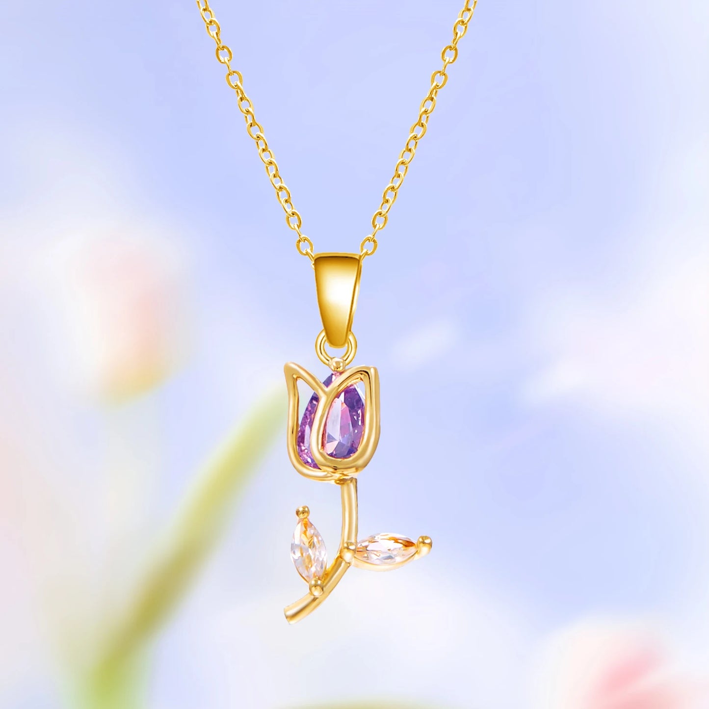Exquisite Zircon Tulip Flower Pendant Necklace for Women Elegant Stainless Steel Clavicle Chain Fashion Party Jewelry Dropship