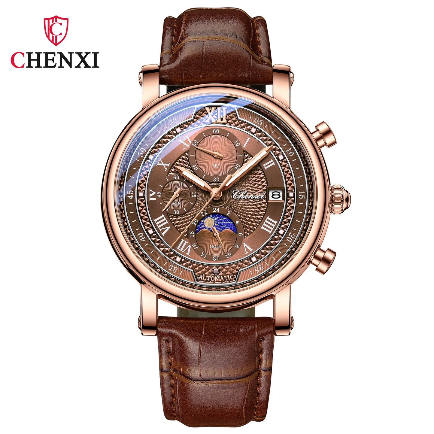 Chenxi Men's Leather Chronograph Phase of The Moon Luminous Quartz Watch Brown