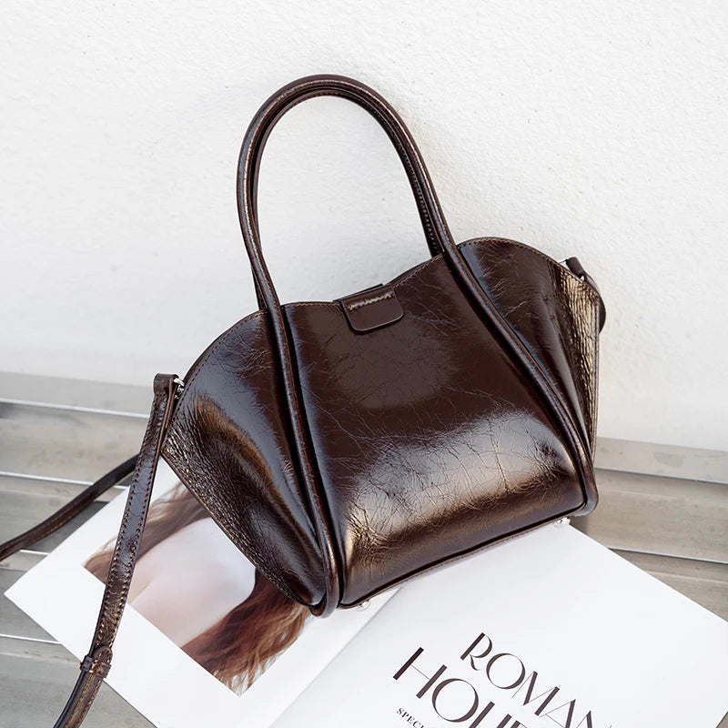 Genuine Cowhide Leather Top Handle Bag Set for Women Designer Oil Wax Leather Fan-Shaped Satchel with Matching Crossbody Pouch