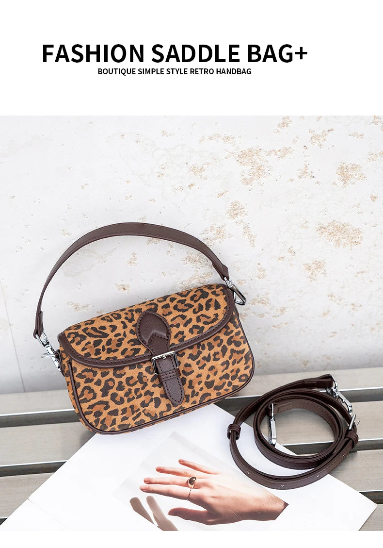 Autumn and winter women's Natural Suede leather Mini bag,luxury designer handbags, Vintage commuting leopard print messenger bag