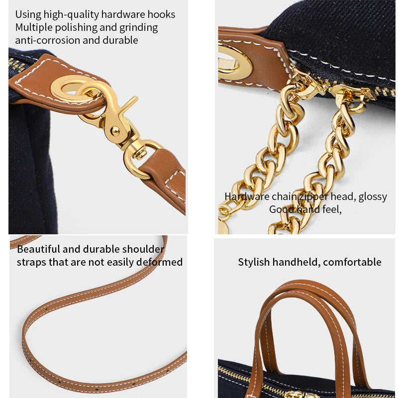 Denim & Genuine Cowhide Leather Mini Dome Bag for Women Luxury Designer Top Handle Crossbody Shoulder Bag with Gold Chain Detail