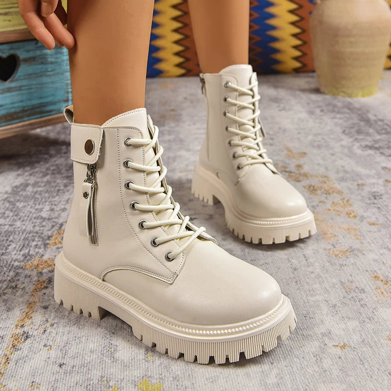Black Pu Leather Motorcycle Boots Women 2025 Fashion Lace Up Platform Ankle Boots Woman Plus Size 42 Zipper Gothic Shoes Female