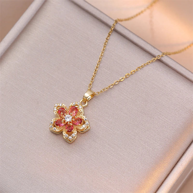 Light Luxury Rotating Flower Pendant Necklace for Women Fashion Zircon Flower Choker Stainless Steel Clavicle Chain Jewelry Gift