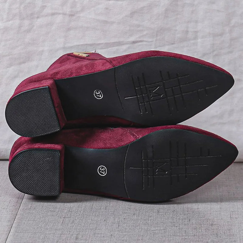 Burgundy Faux Suede Ankle Boots Women Spring Autumn 2025 Classic Metal Decoration Boots Woman Zipper Pointed Toe Botas Mujer