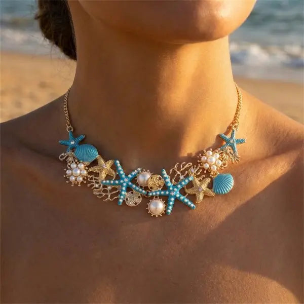 Exaggerated Metal Starfish Shell Pearl Necklace for Women Summer Ocean Coral Scallop Pendant Necklace Boho Beach Jewelry Gift
