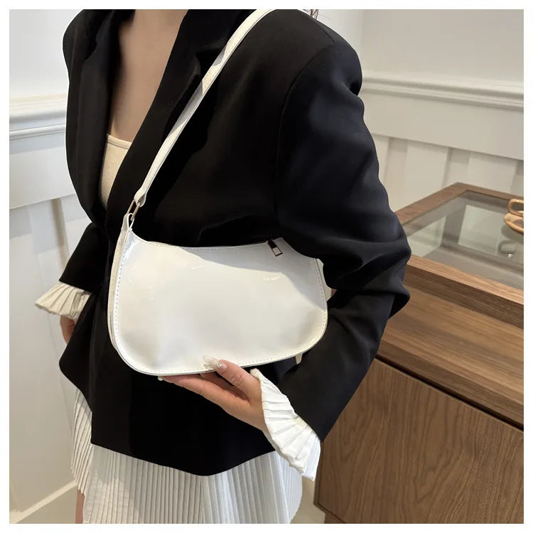 Women's White Patent Leather Versatile Shoulder Casual Bag Zipper Handbags
