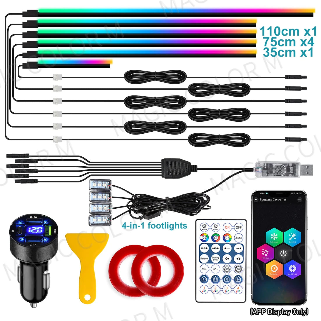Vgetting Car Ambient Lights 10 in 1 Footwell Universal RGB Atmosphere Lamps USB APP Remote Cigar Lighter for Tesla Model 3 Y S X
