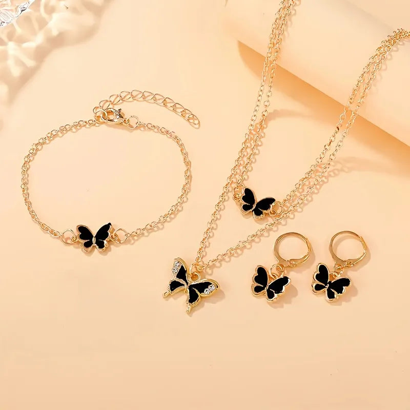 Romantic Black Butterfly Crystal Jewelry Set for Women Gold Color Necklace Earrings Bracelet Set Wedding Valentine's Day Gift