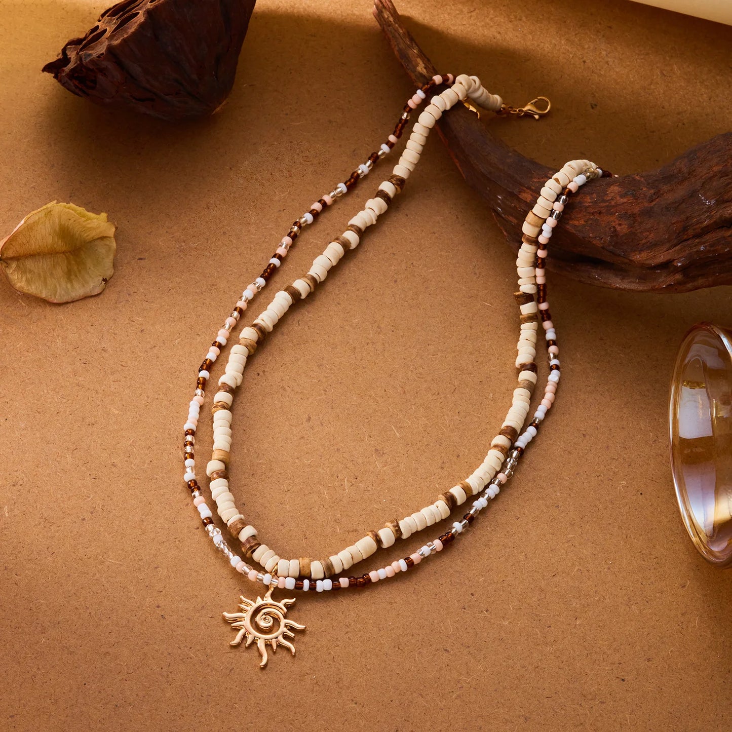 2pcs Boho Coconut Wood Beads Sun Pendant Necklace for Women Ethnic Style Rice Beads Statement Necklace Summer Beach Jewelry Gift