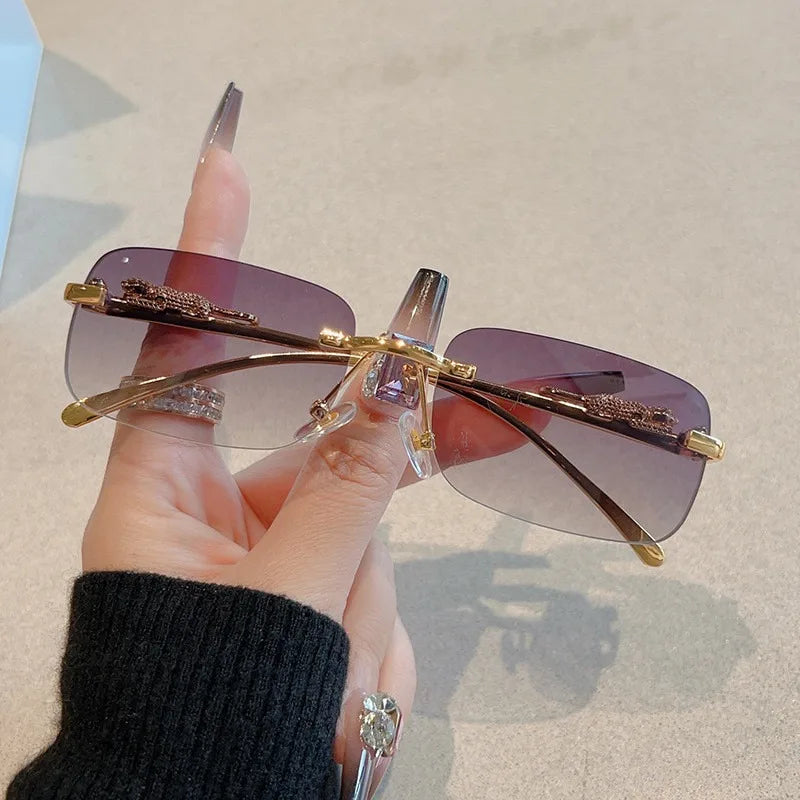 Korean Retro Square Rimless Sunglasses Seaside Cheetah Decoration Frameless Gradient Lens Eyeglasse Outdoor UV Protective Shades