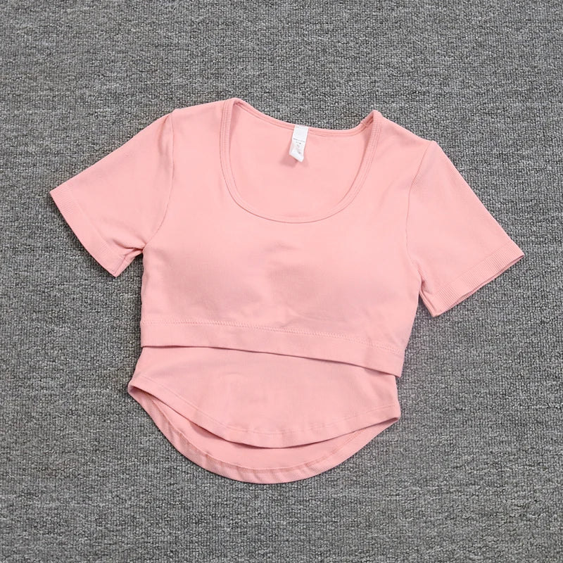 New Fixed Bra Yoga Suit Slimming Sports Top Women's Short Sleeve Breathable Running Fitness Shirt