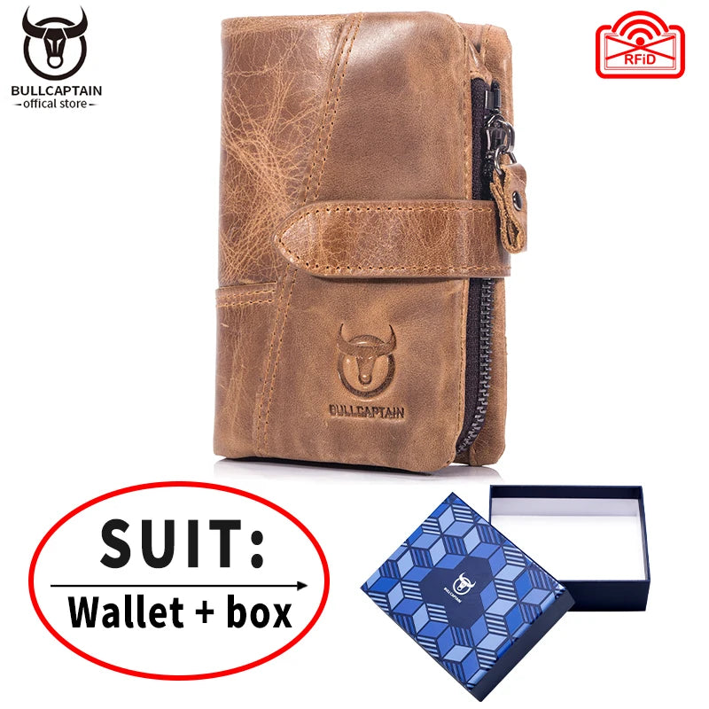BULLCAPTAIN Men's Genuine Leather Wallet Retro Casual Snap Tri-fold Cash Clip RFID Anti-Theft Card Holder Detachable Coin Holder