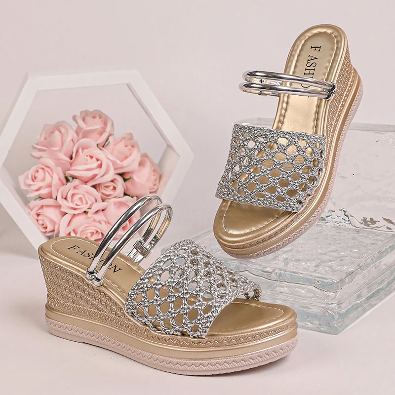 Hollow Out Gold Wedge Heels Sandals Women Plus Size 43 Chunky Platform Slippers Woman Summer Slip On Weave Thick Sole Sandles