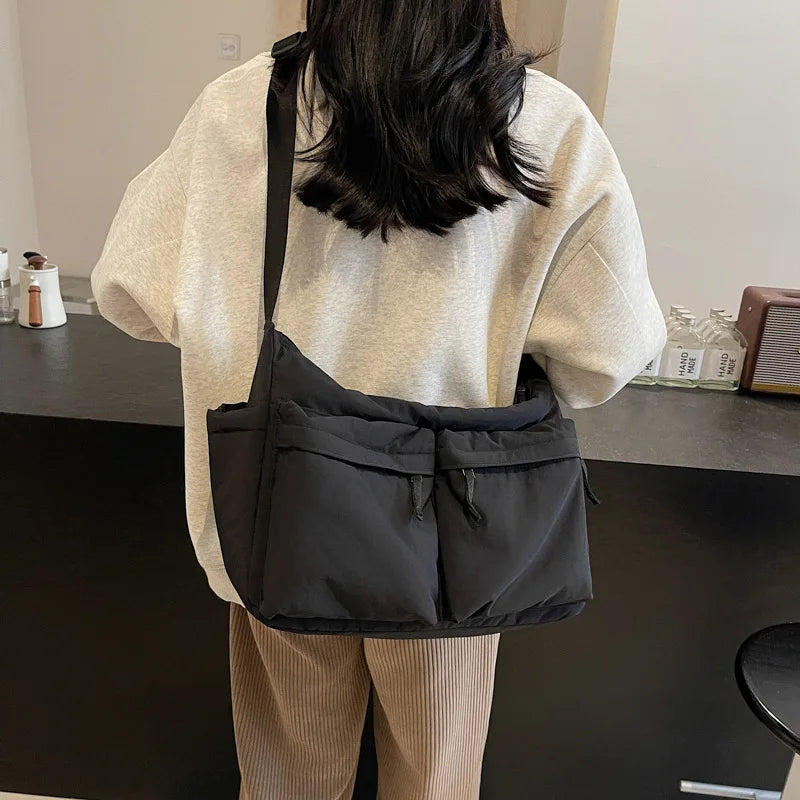 Black Casual Work Style Waterproof Nylon Crossbody Shoulder Bag W/Large Capacity