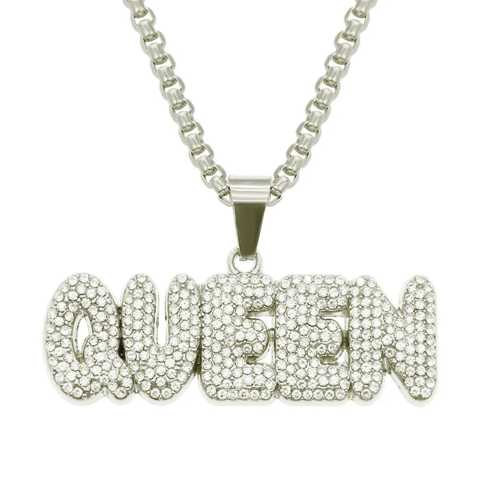 Men Hip Hop KING QUEEN Letter Pendant Necklace with 13mm Miami Cuban Chain Iced Out Bling HipHop Necklaces Fashion Women Jewelry