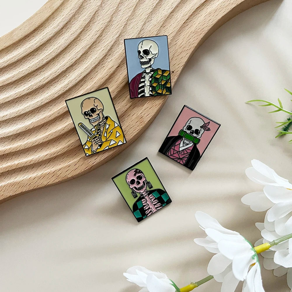 4pcs Demon Slayer Anime Punk Skeleton Character Brooches Set for Backpack Bag Jewelry Halloween Themed Gift