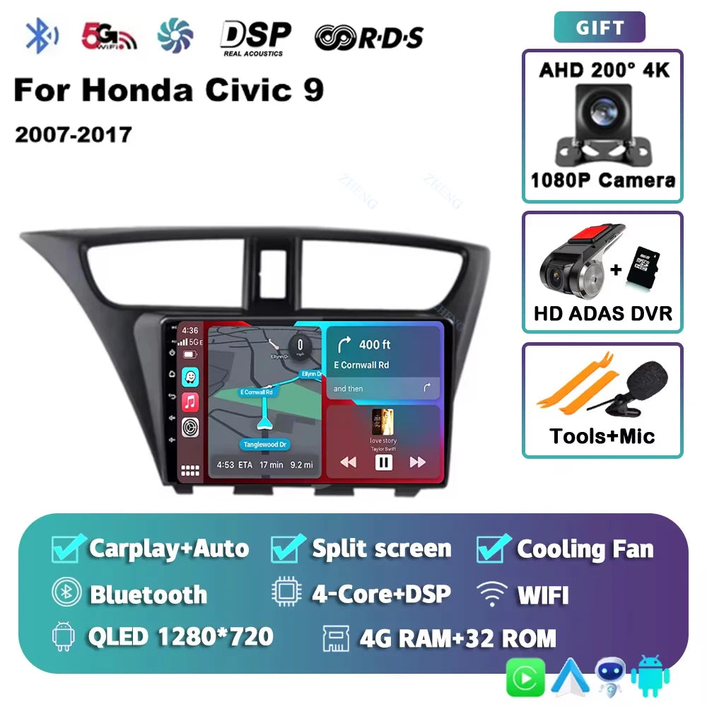 Carplay Android 14 Car Radio for Honda CIVIC 9 2011-2017 Qualcomm mulitmedia Video player Autoradio GSP Navigation Stereo screen