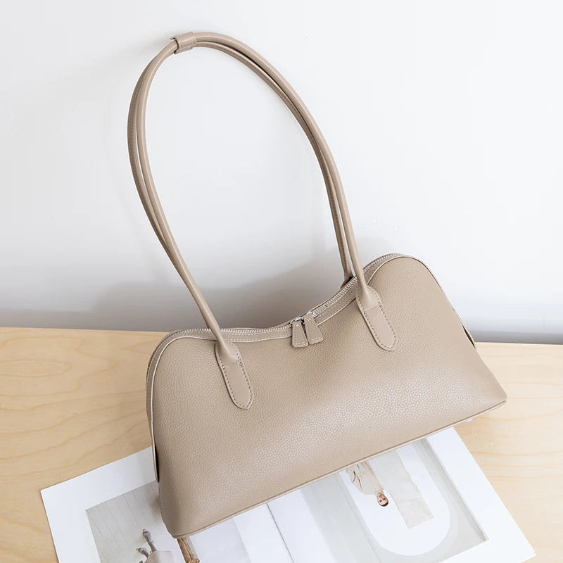 Genuine Cowhide Leather Large Baguette Shoulder Bag for Women Daily Office Pebbled Leather Hobo Tote Bag with Zipper Closure