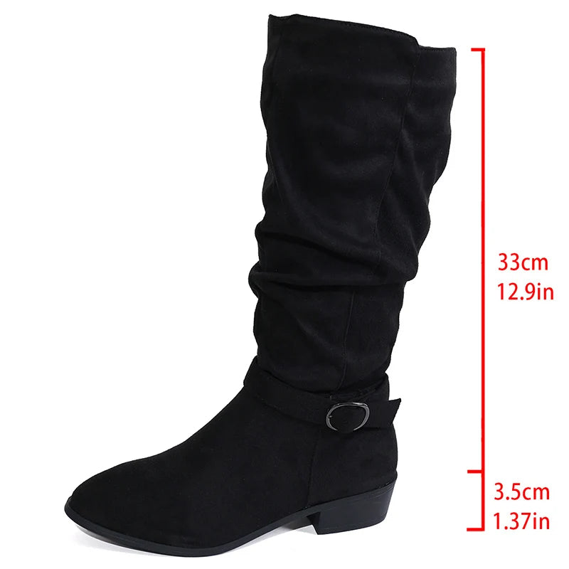Pleated Design Block Heel Knee High Boots Women Plus Size 36-42 Zipper Long Boots Woman 2025 Fashion Buckle Flock Botas Mujer