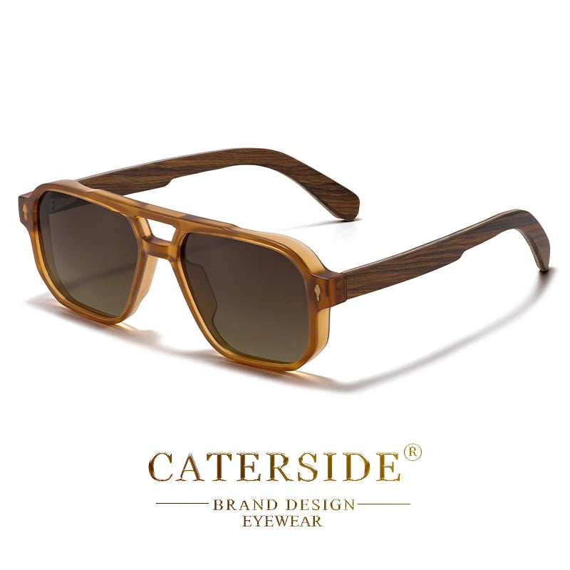CATERSIDE Men's Polarized Pilot Sunglasses UV400 Premium Tr Frame & Wood Temple Retro Square Sun Glasses for Driving Fishing
