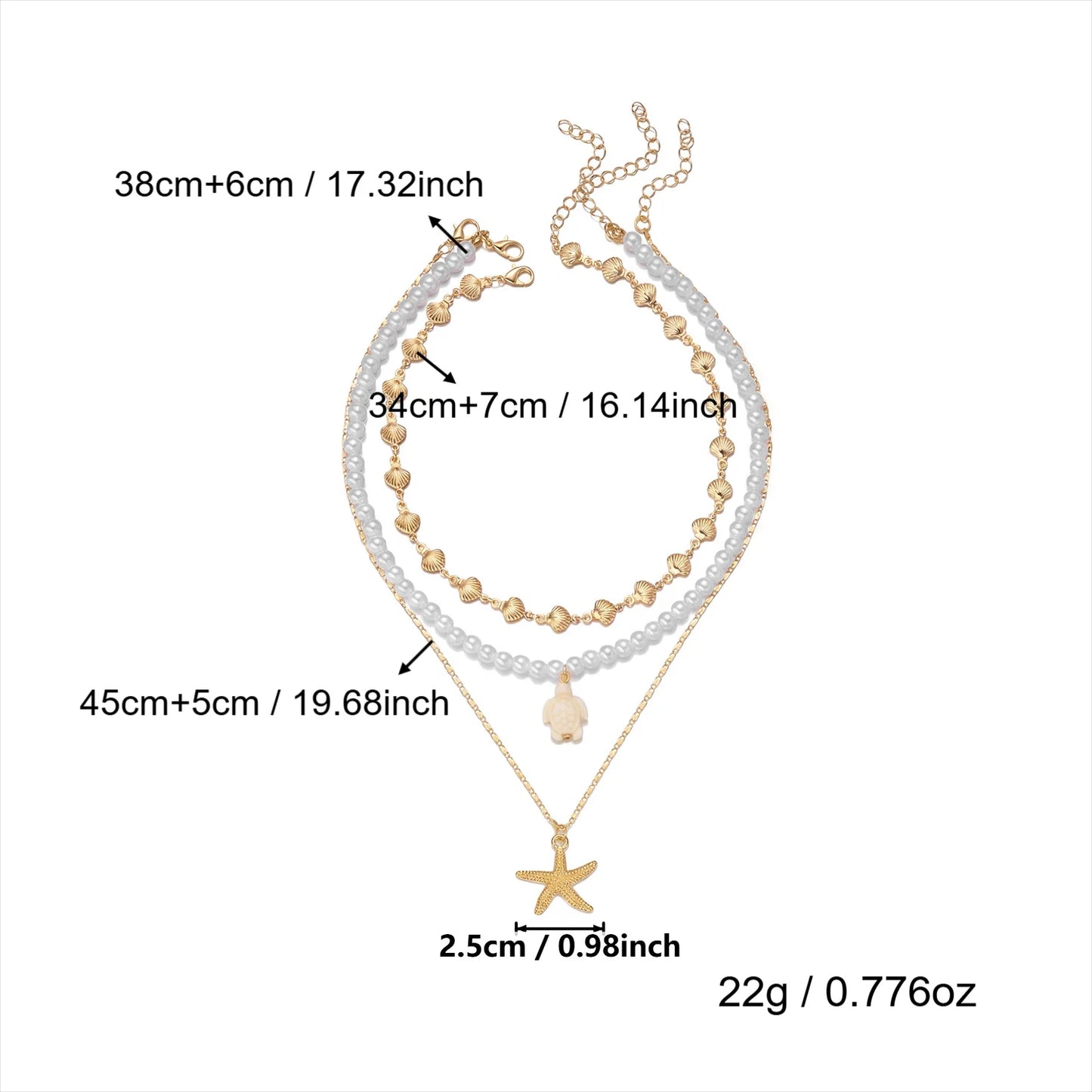 3Pcs/Set Pearl Starfish Sea Turtle Shell Necklace Bohemian Summer Beach Multi-layer Jewelry