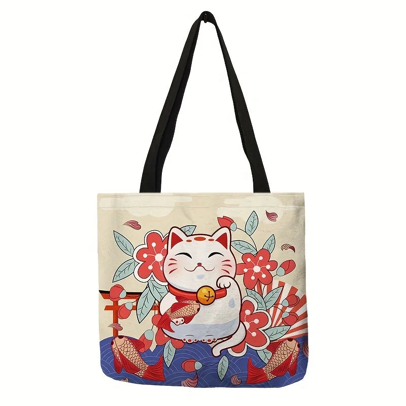 1pc Cute Cat Print Tote Bag, Lucky Fortune Shoulder Bag, Women's Fashion Handbag