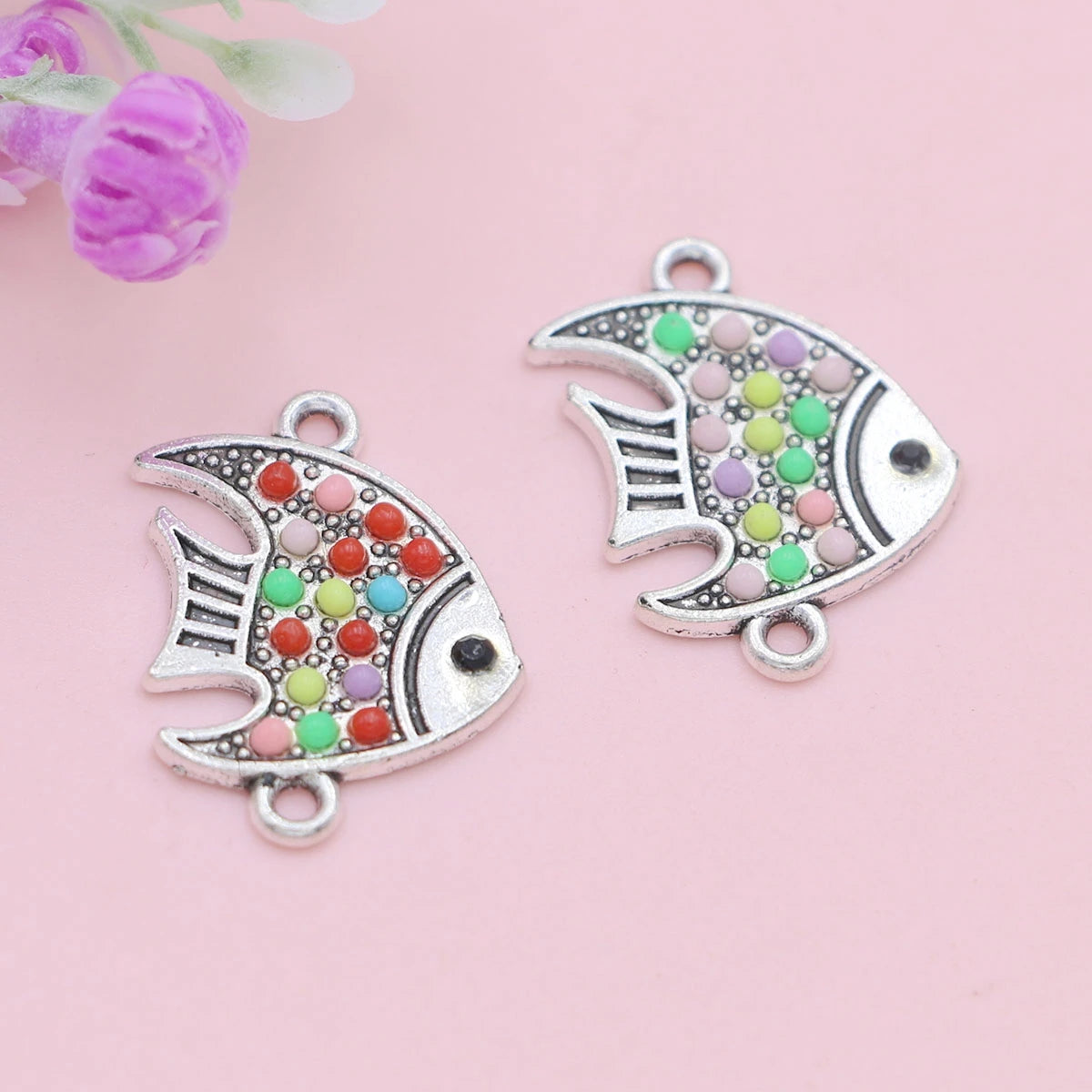 10Pcs Antique Silver Plated Colorful Crystal Fish Charm Connectors for Jewelry Making Bracelet Accessories DIY Craft