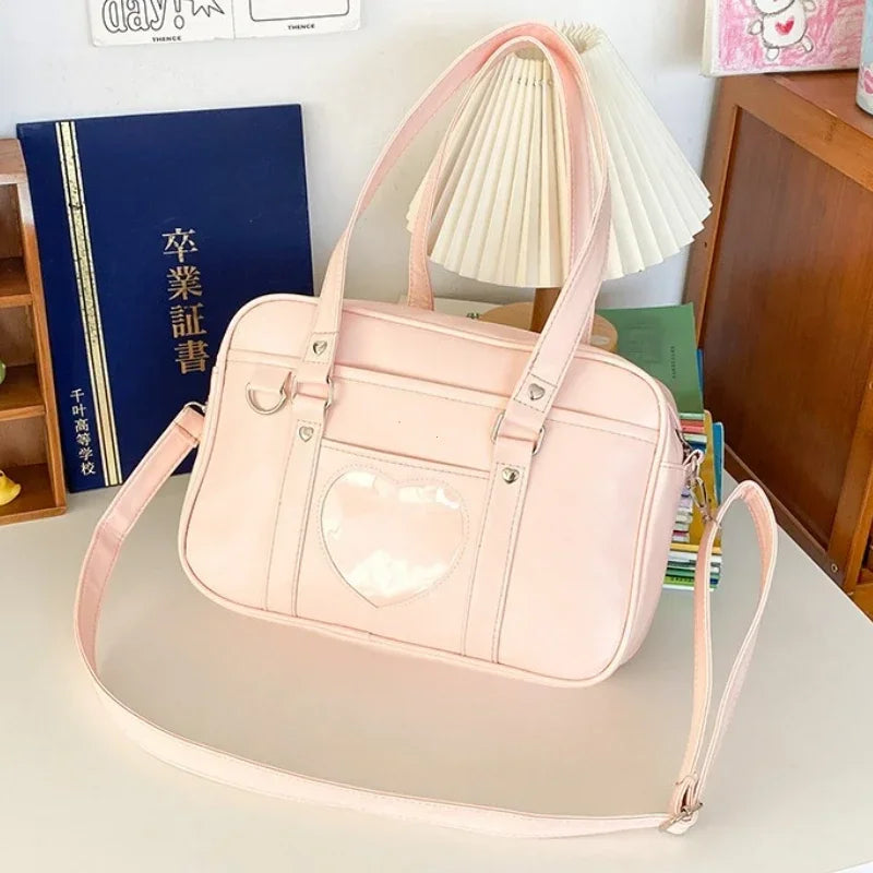 Women Jk School Handbag Large Capacity PU Anime Crossbody Bag Transparent Love Heart Shoulder Uniform Bag for Shopping Commuting