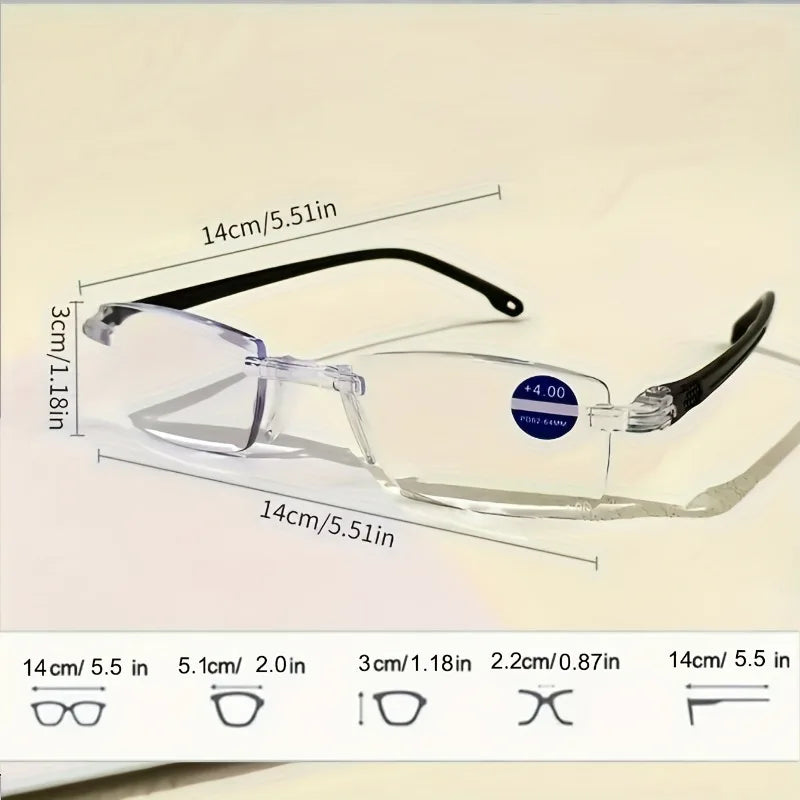 3-piece set of men's and women's presbyopia glasses - stylish frameless rectangular frame, prescription+1.0 to+4.0