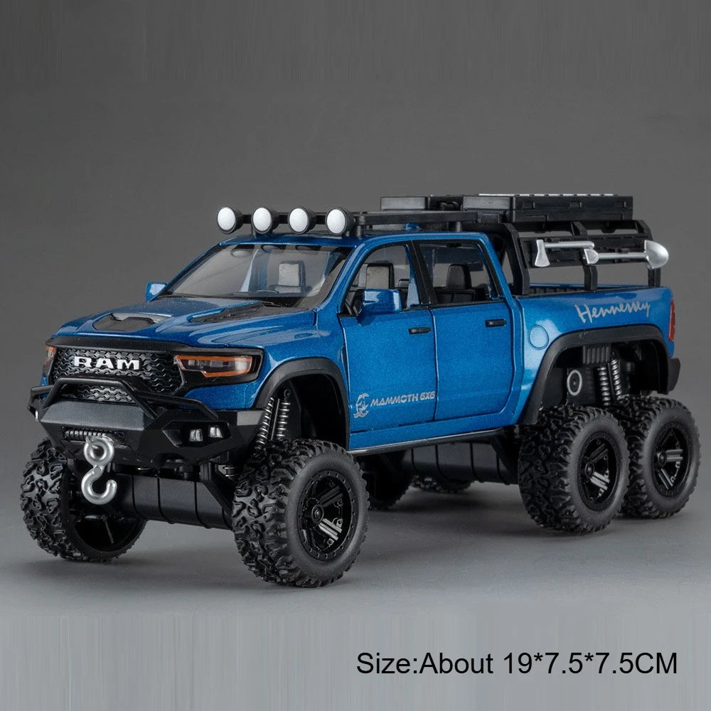 1:32 RAM Pickup Mammoth Off Road Vehicle Diecast Model Toy Alloy Car Sound Light Pull Back Doors Opened Models for Children Gift