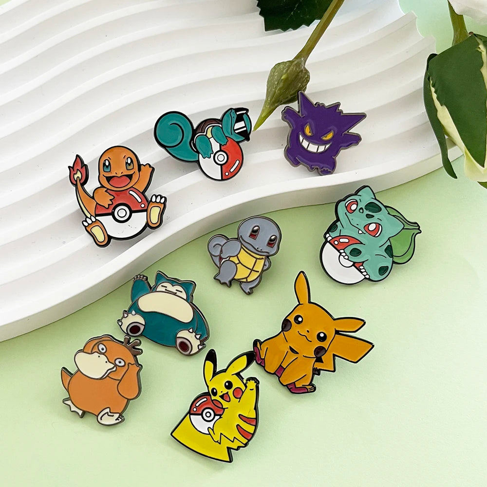 9pcs Pokemon Anime Enamel Pins Set - Pikachu Charmander Squirtle Bulbasaur Gengar, Metal Brooch Badges for Kids Cosplay Party