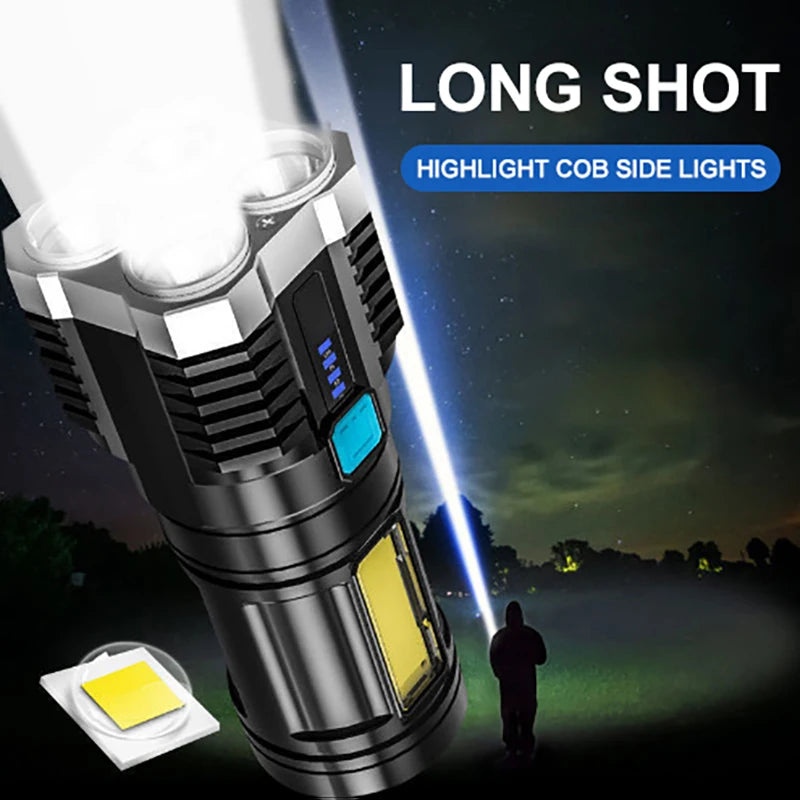 LED Flashlights Camping Torch With 4 Lamp Beads & COB Side Light Rechargeable