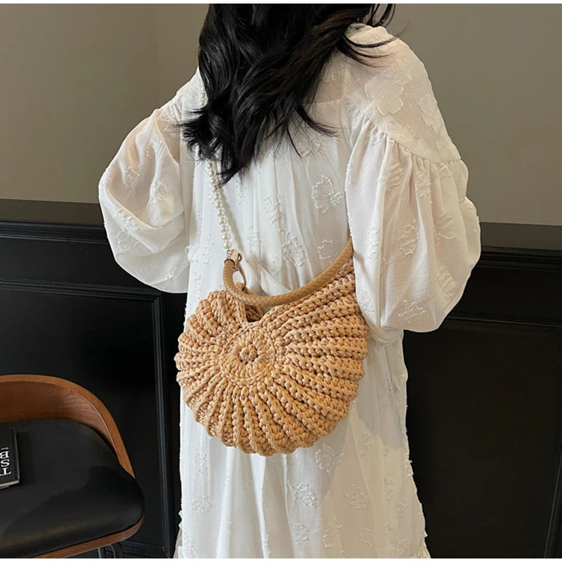Khaki Conch Shell Knit Crossbody Shoulder Bag Pearl Chain Woven Women Sling Bag