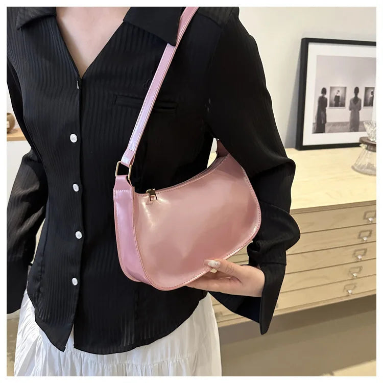 Women's Pink Patent Leather Versatile Shoulder Casual Bag Zipper Handbags