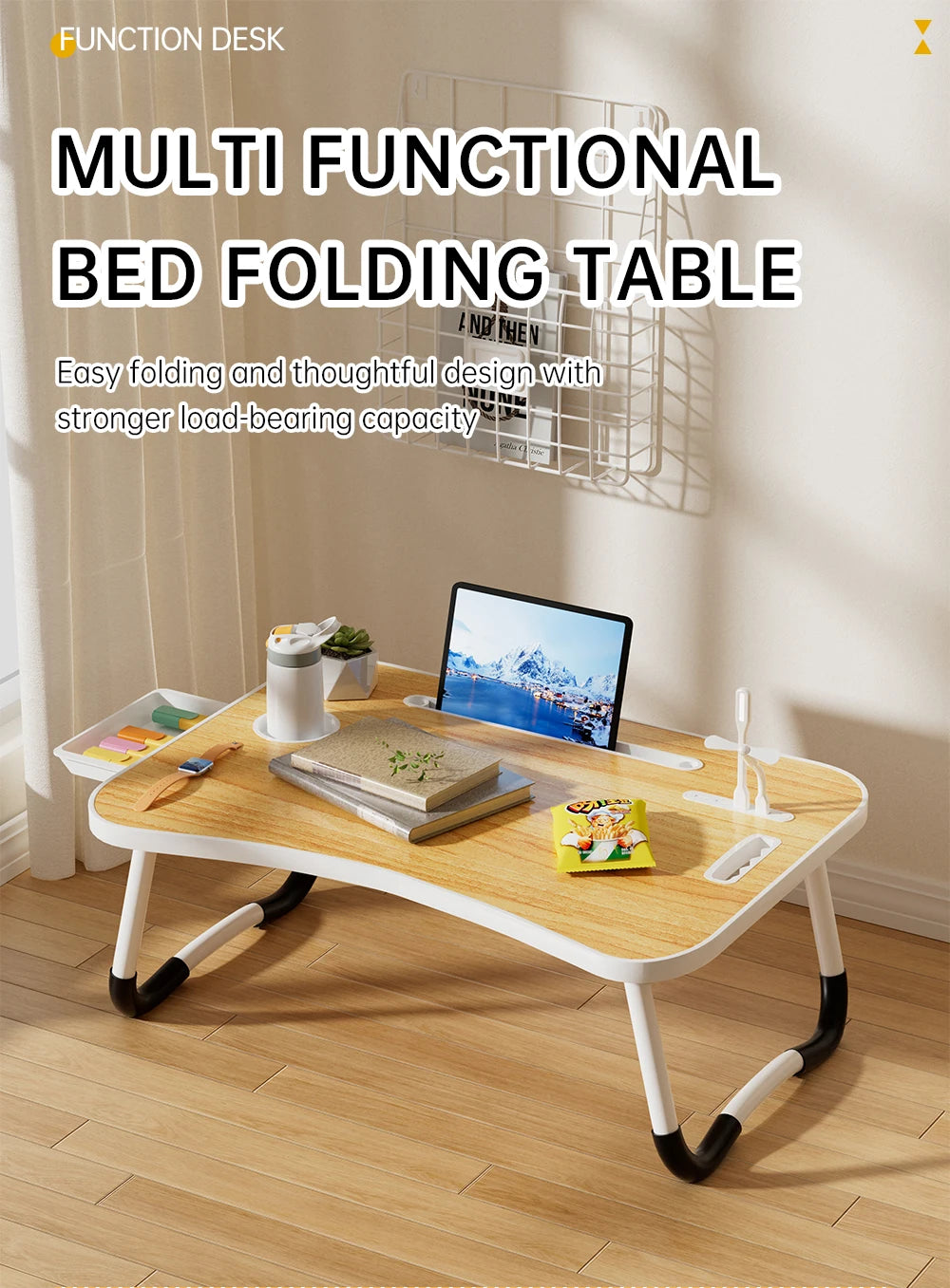 Lifting Portable Laptop Desk w/ USB Light, Small Fan, Cup Holder, Tablet Slot