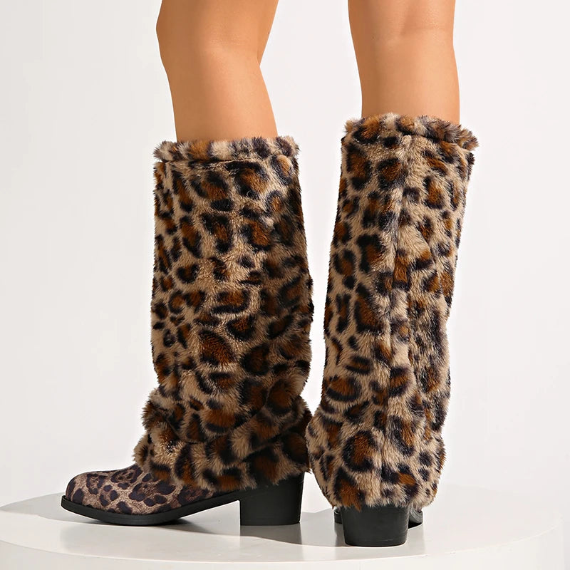 Fashion Leopard Print Fluffy Knee High Boots Women Thick Heels Winter Long Boots Woman Plus Size 42 Slip On Western Botas Mujer
