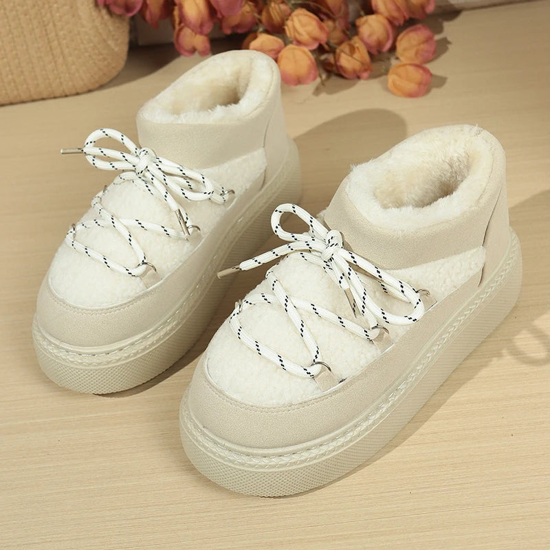Fashion Lace Up Platform Snow Boots Women 2025 Thicken Plush Warm Winter Boots Woman Thick Sole Non Slip Cotton Padded Shoes