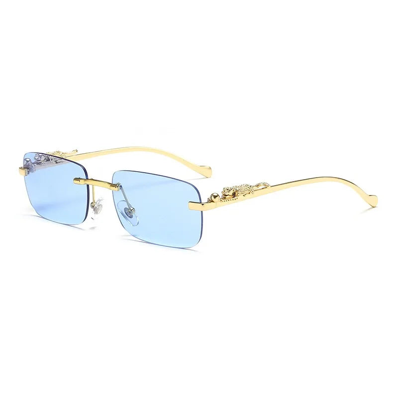 Rimless Square Fashion Fashion Glasses with Leopard Print Accents, Golden - Tone Metal Frame, Gradient Lenses
