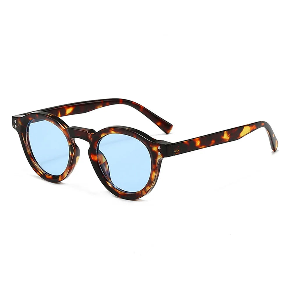 JNPCXI New Fashion Small Round Sunglasses Women Shades Fashion Leopard Blue Lens Men Trending Rivets Frame UV400