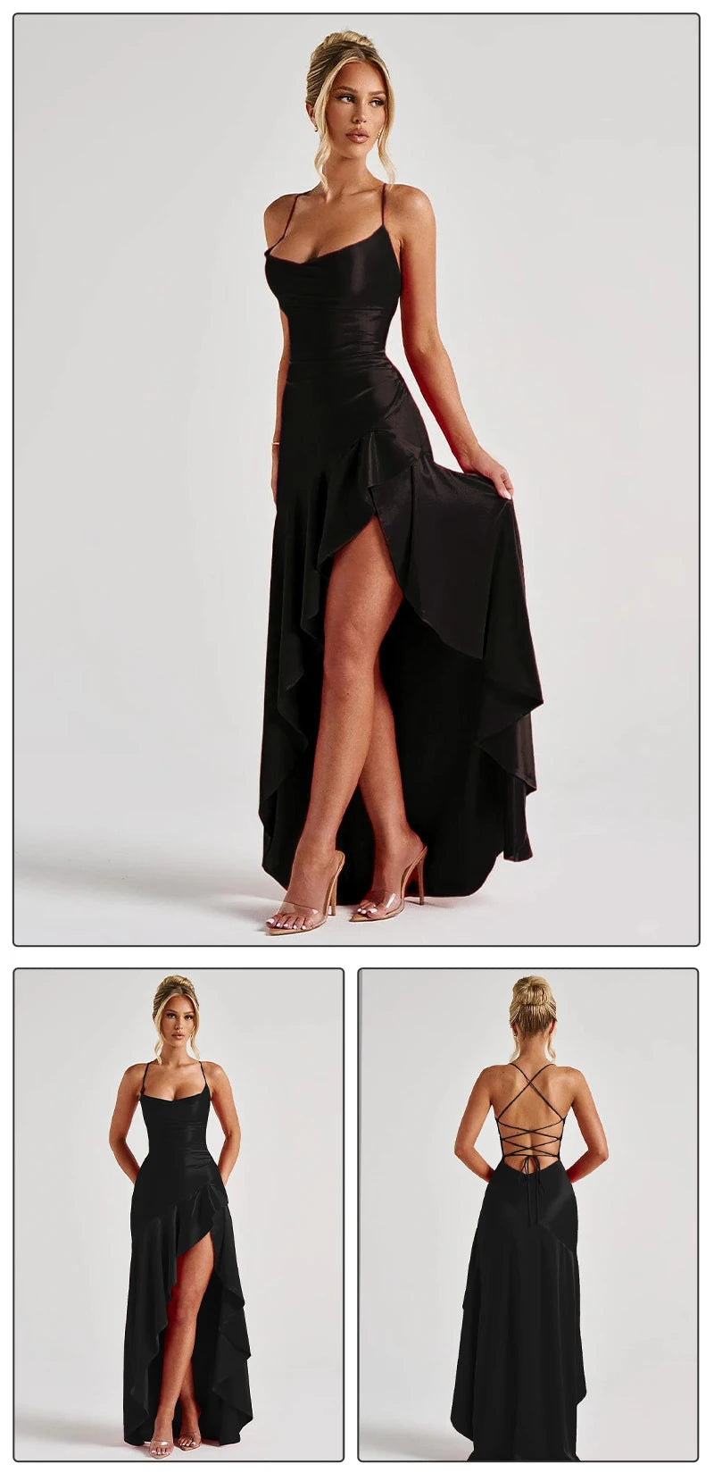 Women Elegant Black Satin Maxi Dress, Crisscross Spaghetti Straps, High Dress