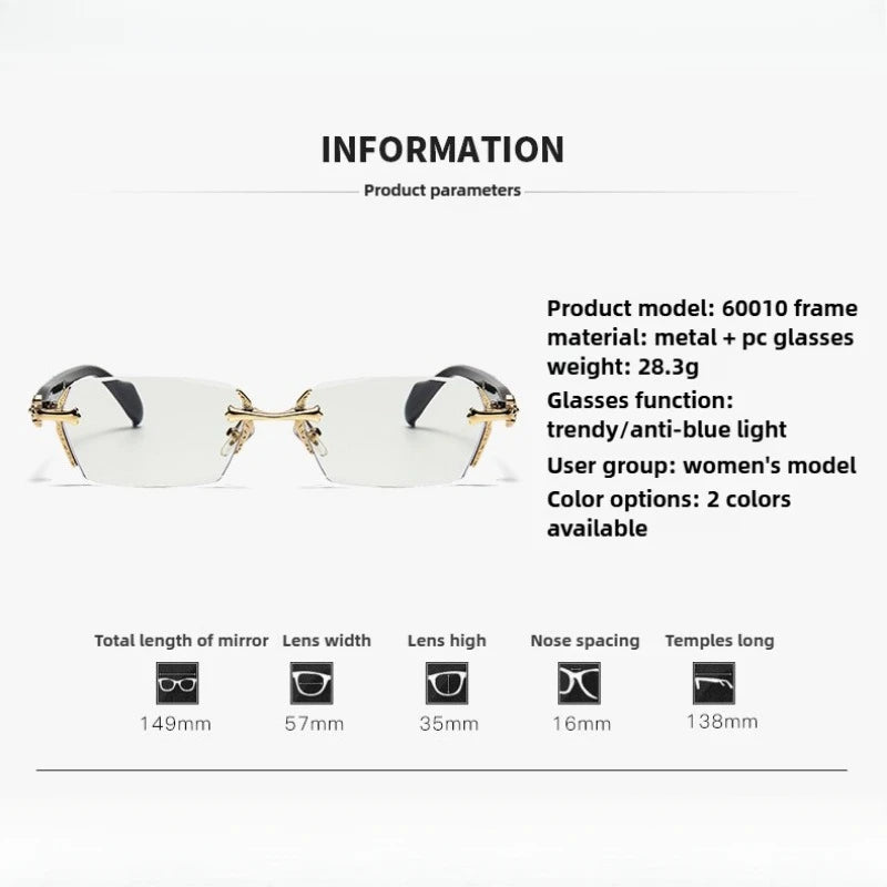 Frameless Anti Blue Light Glasses Rectangular Flat Lens for Women & Men