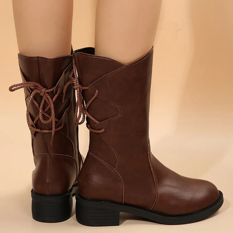 Lace Up Decor Thick Heel Mid Calf Boots Women Fashion Plus Size 43 Zipper Pu Leather Boots Woman Med Heel Autumn Winter Botas