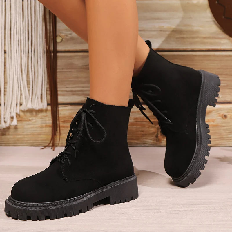 Retro Faux Suede Platform Ankle Boots Women Autumn Winter Plus Size Lace Up Shorts Booties Mujer Comfort Thick Sole Boots Woman