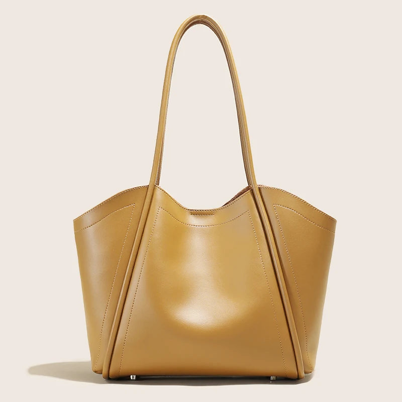 Women's Genuine Leather Solid Color Tote Bag Large Capacity Shoulder Bag for Daily Life Trendy Versatile All-match Commuting Bag